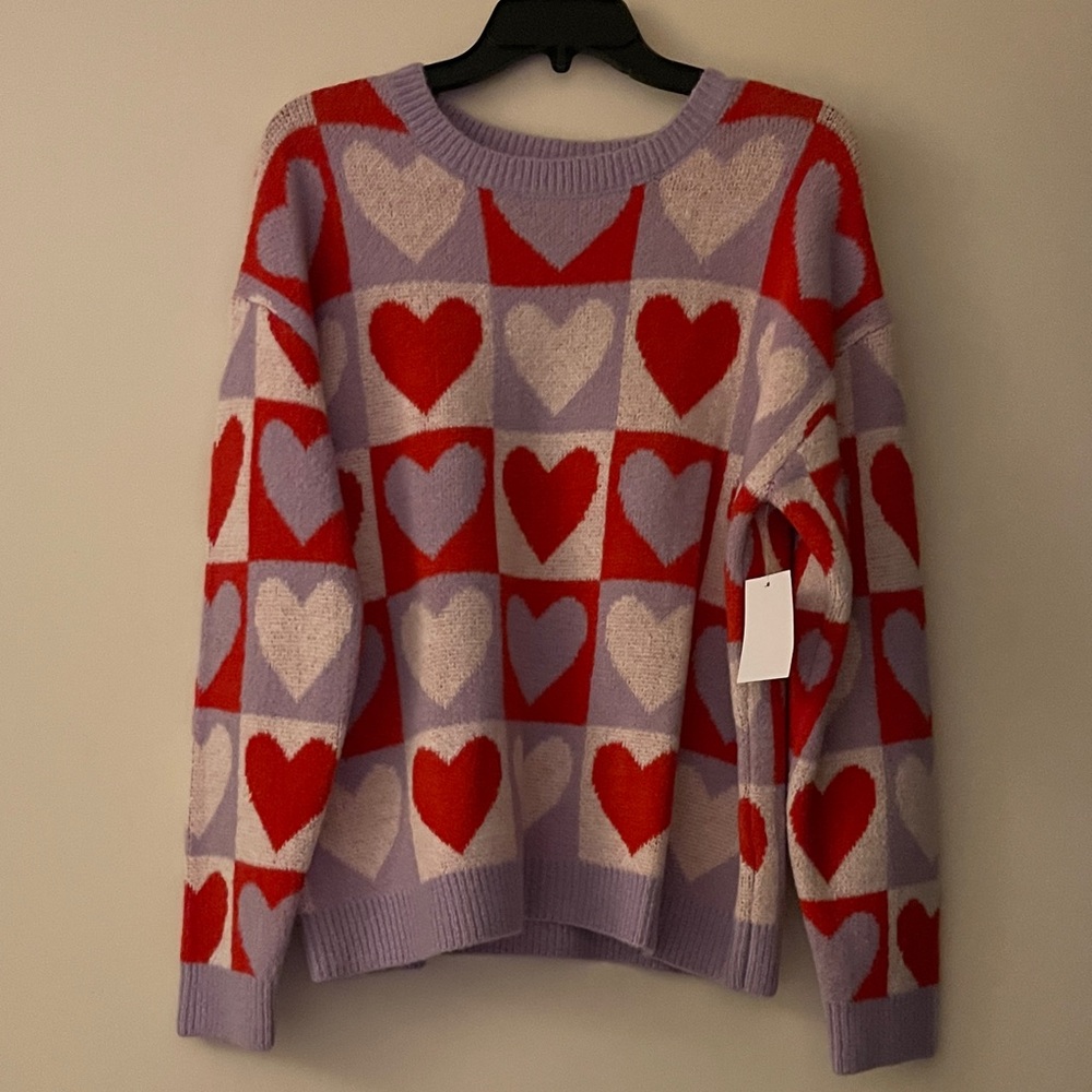 Cozy Heart Pattern Valentine’s Sweater - Red and Purple